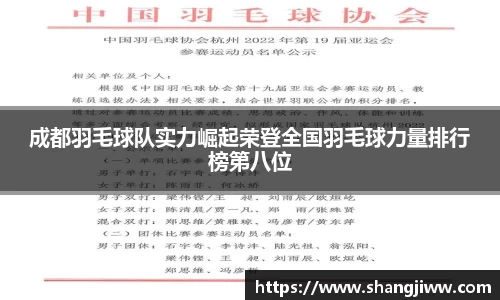 成都羽毛球队实力崛起荣登全国羽毛球力量排行榜第八位